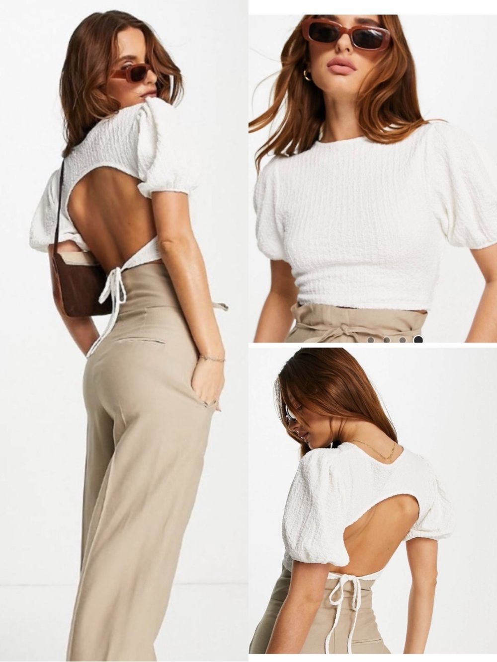 Topshop asos open back crinkle puff sleeve tie back crop top off white XS